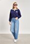 Women's Balloon Jean Pants with Stitching Detail - Blue - 3