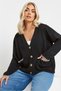 Women's Plus Size Contrast Blanket Stitch Buttoned Pocket V-Neck Short Knit Cardigan - 2