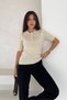 Women's Beige Lace-Like Knit Polo Neck Slim Knitwear Blouse Short Sleeve Standard Size - 8