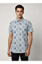 Men's Blue Floral Print Cotton Half-Sleeve Shirt