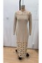 Women's Madonna Collar Long Sleeve Laser Flower Cut Detailed Long Imported Crepe Dress - 4