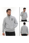 Men's Light Gray Standard Fit Regular Cut Fleece Lined Half Zipper Stand Collar Cotton Sweatshirt - 7