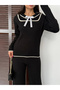 Women's Black Bow Detailed Corded Fabric Piece Stylish Knitwear Set - 4