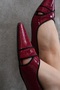 Burgundy Patent Leather Printed 2 cm Thick Heel Women's Ballet Shoes - 5