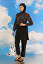 Women's Patterned Full Hijab Swimsuit with Trousers Black - 6