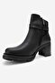 Hei̇le Black Leather Buckle Women's Thick Heeled Boots - 4