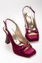 Women's High Heeled Pointed Toe Gold Buckle Burgundy Satin Evening Dress Shoes - 4