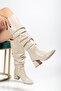Syt-2002 Beige Wrinkled Patent Leather Bellows Thick Heeled Casual Boots