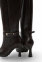 Women's Boots with Side Zipper, Heels, Gold Belt Detail - 8