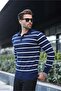 Navy Blue Buttoned Polo Neck Striped Long Sleeve Sweater 7263