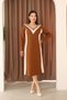 Round V-Neck Long Sleeve Jacquard Paneled Striped Stripe Midi Length Below Knee Winter Knitwear Dress - 4