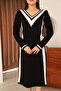 Round V-Neck Long Sleeve Jacquard Paneled Striped Stripe Midi Length Below Knee Winter Knitwear Dress - 7