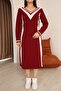 Round V-Neck Long Sleeve Jacquard Paneled Striped Stripe Midi Length Below Knee Winter Knitwear Dress - 7