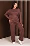 Women's Plus Size Brown, Crew Neck, Stone Embroidered, Pocketed Tracksuit Set 65N39248 - 6