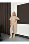 Women's Beige Crew Neck Short Sleeve Crop Blouse Pants Two Piece Set