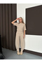Women's Beige Crew Neck Short Sleeve Crop Blouse Pants Two Piece Set - 4