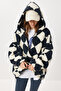 Hooded Patterned Oversized Plush Coat Lci0064 Black Bone - 2