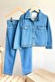 My Little One's Laser Cut Floral Pattern Denim Girl's 2-Piece Set - Blue - 3