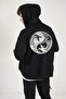 Unisex Black Back Printed Thin Seasonal Hooded Oversize Cardigan