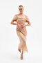 Women's Beige Slim Fit Boat Neck Midi Beaded Evening Dress - 3