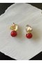 Red Detailed Zr Model Gold Earrings - 2