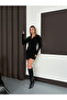 Women's Black Double-Breasted Collar Stone Detailed Mini Dress - 4