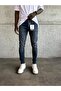 Navy Blue Washed Slimfit Jeans with Ripped Detail