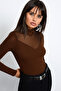 Women's Brown Turtleneck Blouse with Tulle Detail on the Front - 3