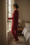 Women's Burgundy Bowknot Lingerie and Long Sleeve V-Neck Pajama Set 4-Piece Set - 7