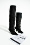 Odina Women's Foldable Short Heeled Boots Black Suede - 4