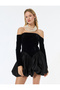 Off-The-Shoulder Long Sleeve Velvet Mini Balloon Dress