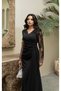Black Embroidered Sleeve Draped Tailed Evening Dress - 3