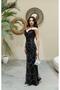 Black Strapless Otriş Detailed Embroidered Evening Dress - 3