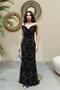 Black Strapless Otriş Detailed Embroidered Evening Dress