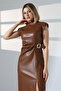 Brown Midi Leather Dress – Slit and Buckled Model - 5