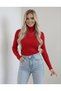 High Neck Fit Long Sleeve Bodysuit Women's Sweater Red - Stretchy Ribbed Knit Fabric Slim Fit Stylish Casual Top - 2