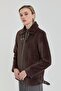 Leather Detailed Angora Short Coat Brown - 3