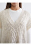Ecru V-Neck Self-Patterned Oversized Women's Knitwear Sweater - 3