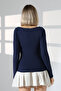 Long Sleeve Boat Neck Gathered Side Bodycon Basic Women's Body T-Shirt 21951 Dark Blue - 4