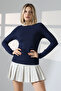 Long Sleeve Boat Neck Gathered Side Bodycon Basic Women's Body T-Shirt 21951 Dark Blue