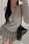 Gray Ek Strap Madonna Collar Harajuku Y2K Long Sleeve Crop - 6