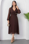 Brown Women's Double-Breasted Collar Waist Buckled Long Sleeve Chiffon Dress - 8