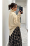 Anthracite-Beige Plaid Skirt with Leather Strips - 4977 - 4