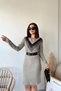 Women's Beige V-Neck Garnished Self-Patterned Dress Long Sleeve Midi Length Above Knee Knitwear Dress - 6