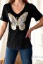 Women's Black V-Neck Butterfly Sequin Sequin Embroidered Cotton T-shirt - 2