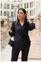 WOMEN'S V-Neck Elastic-Sleeved Semi-Sequined Side-Tie Satin Blouse - 6