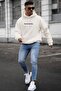 Men's White Spectacular Printed 3 Thread Threaded Hooded Sweatshirt with Kangaroo Pocket Oversize Sa - 3
