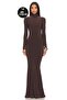 Women's coffee brown maxi dress with flounce hem, mock neck, back zipper, and lining.