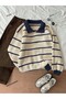 Ecru Navy Brioche Knit Polo Neck Oversized Knit Sweater, Women's Sweater