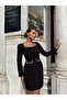 Women's Black Collar and Pocket Stone Embroidery Special Design Lined Midi Dress